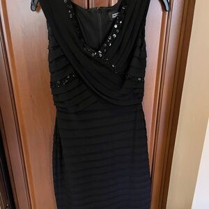 Adrianna Papell Black Layered V-Neck Sequin Trim Midi Dress